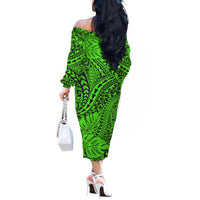 Green Hawaii Family Matching Off Shoulder Long Sleeve Dress And Hawaiian Shirt Tribal Art LT14 - Polynesian Pride