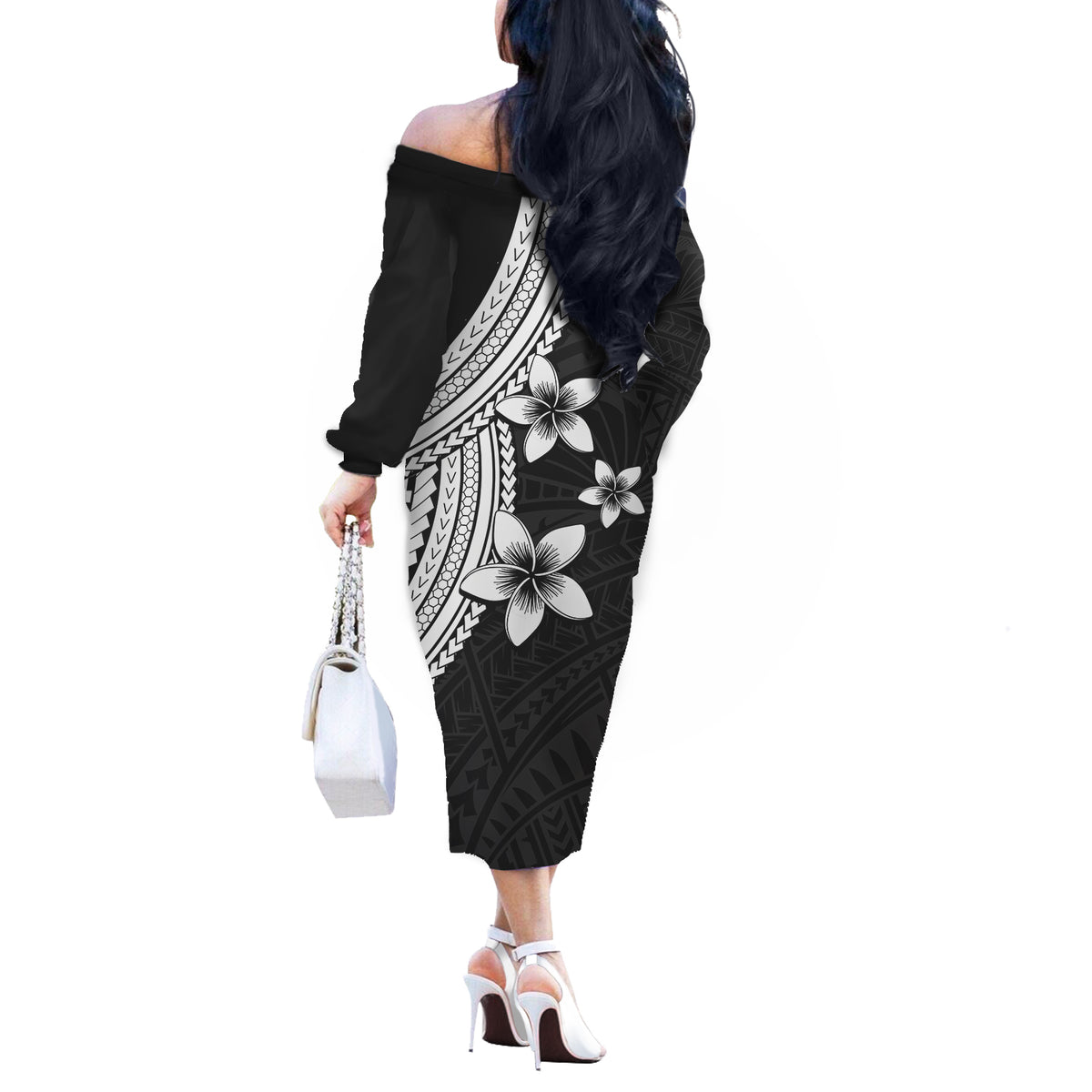 Polynesian Couples Matching Outfits Combo Long Sleeve Dress With Plumeria Flower White LT6 - Polynesian Pride