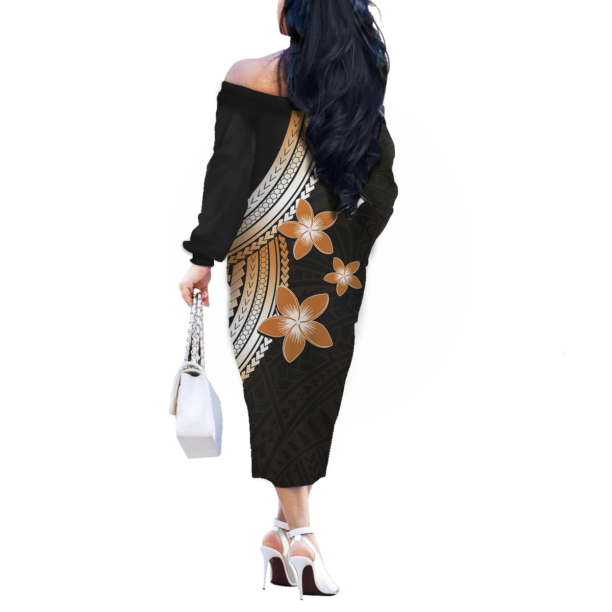 Polynesian Couples Matching Outfits Combo Long Sleeve Dress With Plumeria Flower Gold LT6 - Polynesian Pride