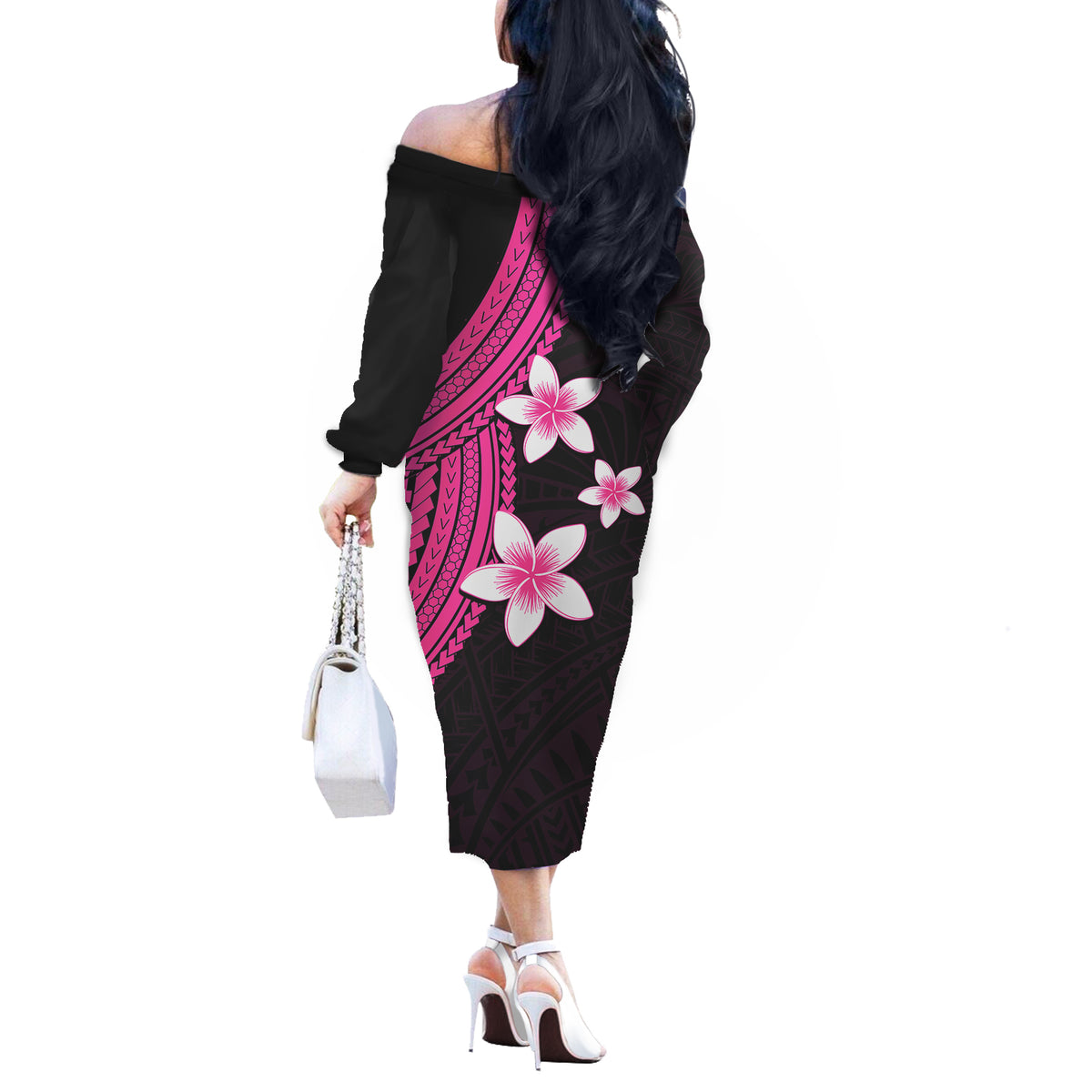 Polynesian Off Shoulder Long Sleeves Dress With Plumeria Flower Pink LT6 - Polynesian Pride