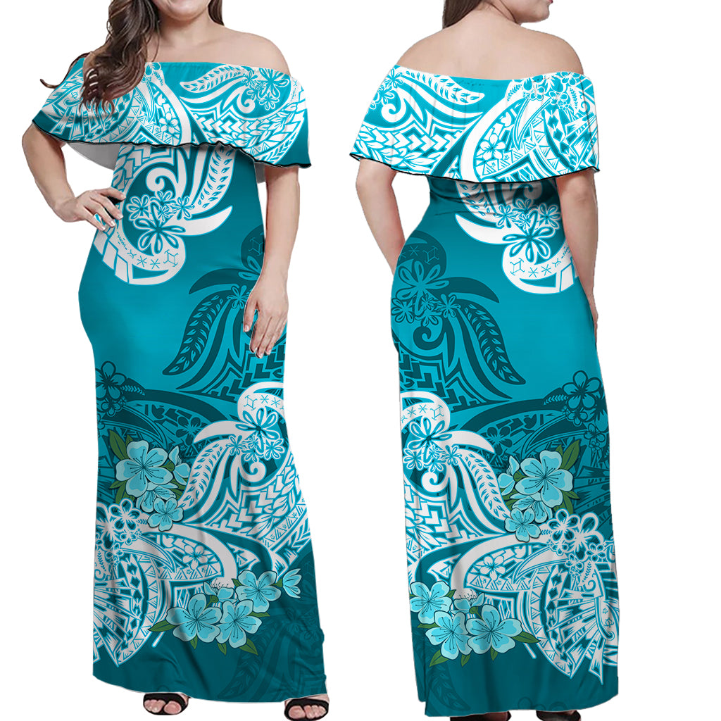 Polynesian Flower Tribal Matching Dress and Hawaiian Shirt Teal LT9 - Polynesian Pride