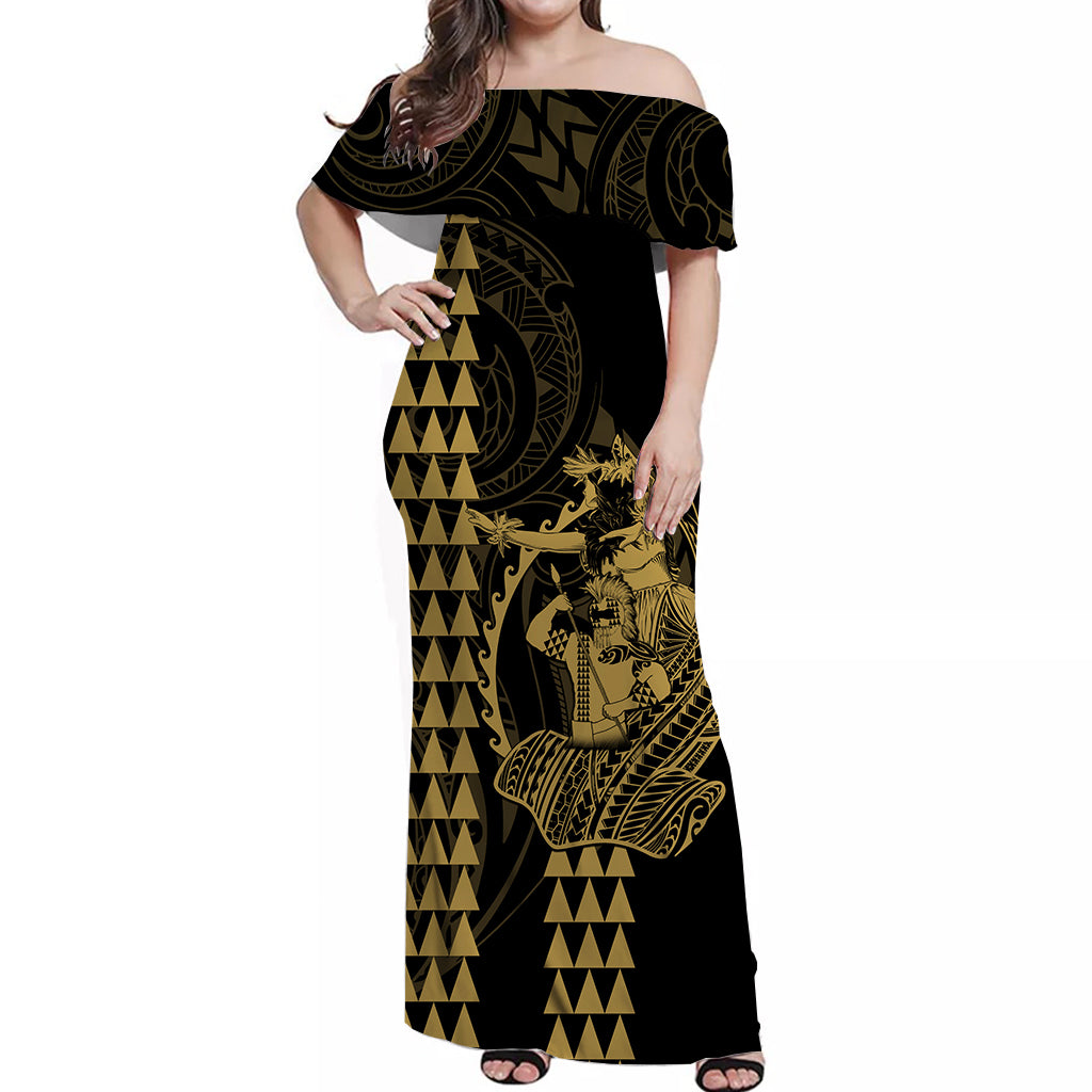 Polynesian Matching Clothes For Couples Hawaiian Warrior and Aloha Girl With Hammerhead Shark Tattoos Gold LT6 No Shirt Gold - Polynesian Pride
