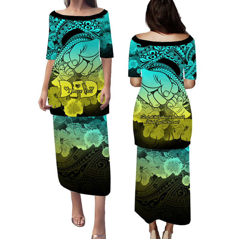 Polyneisian Pride Happy Father Day Puletasi Dress I Love You Dad - Polynesian Tribal Aqua LT9 - Polynesian Pride