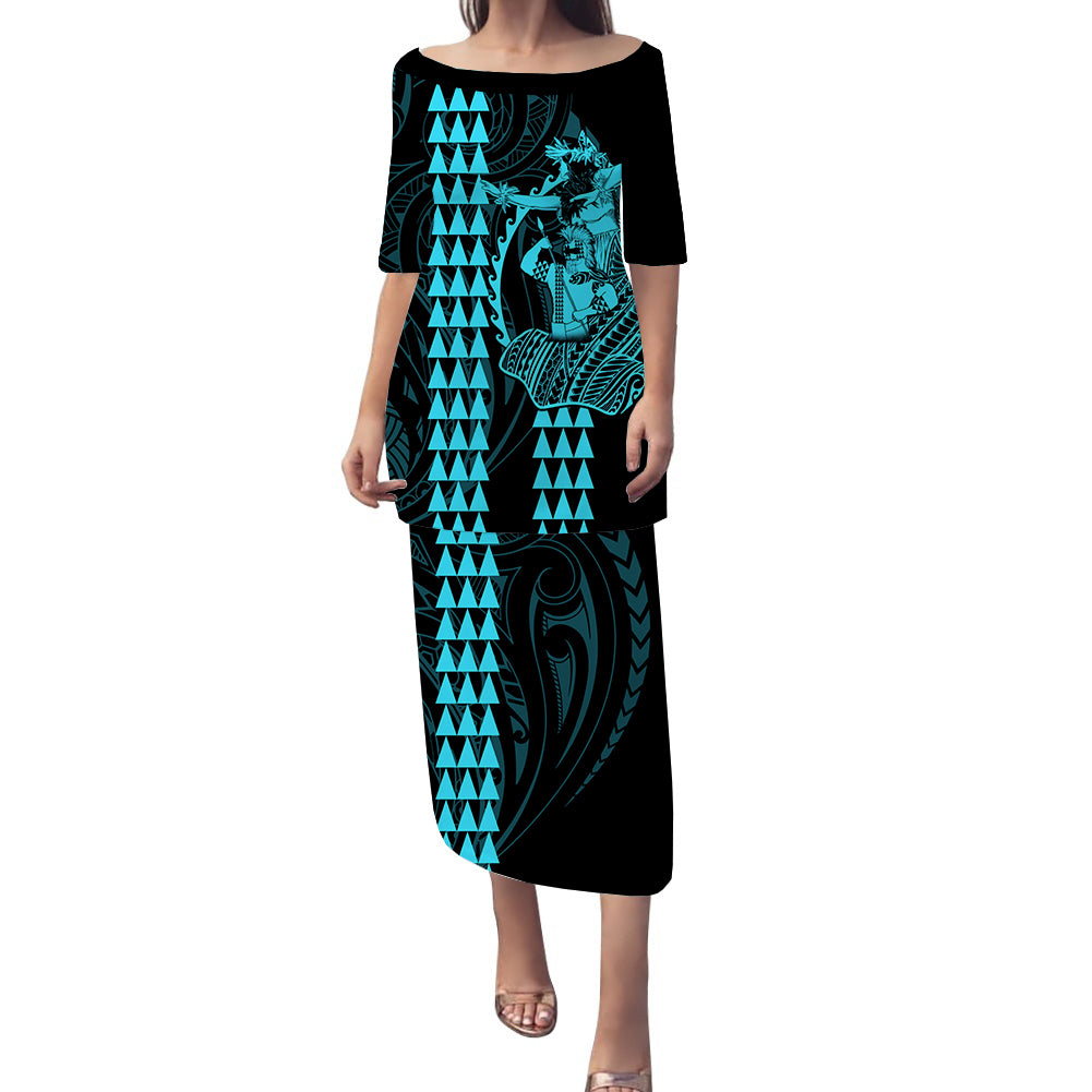 Polynesian Puletasi Dress Hawaiian Warrior and Aloha Girl With Hammerhead Shark Tattoos Light Blue LT6 Long Dress Blue - Polynesian Pride