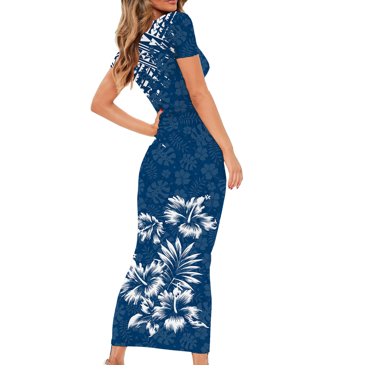 Hawaii Summer Couples Matching Outfits Combo Bodycon Dress And Hawaii Shirt Mix Polynesian Dark Blue LT6 - Polynesian Pride