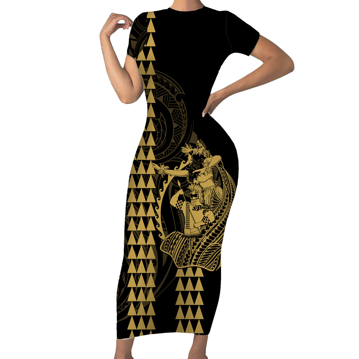 Polynesian Couples Matching Outfits Combo Bodycon Dress And Hawaii Shirt Hawaiian Warrior and Aloha Girl With Hammerhead Shark Tattoos Gold LT6 No Shirt - Polynesian Pride