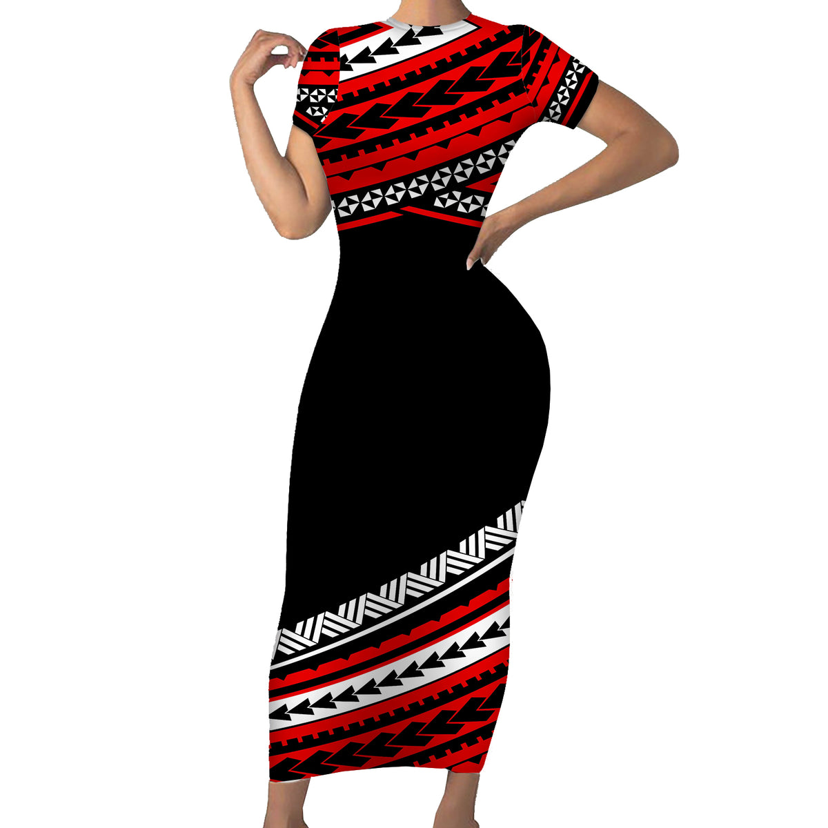 Polynesian Short Sleeve Body Long Dress Simple Red LT6 Long Dress Red - Polynesian Pride