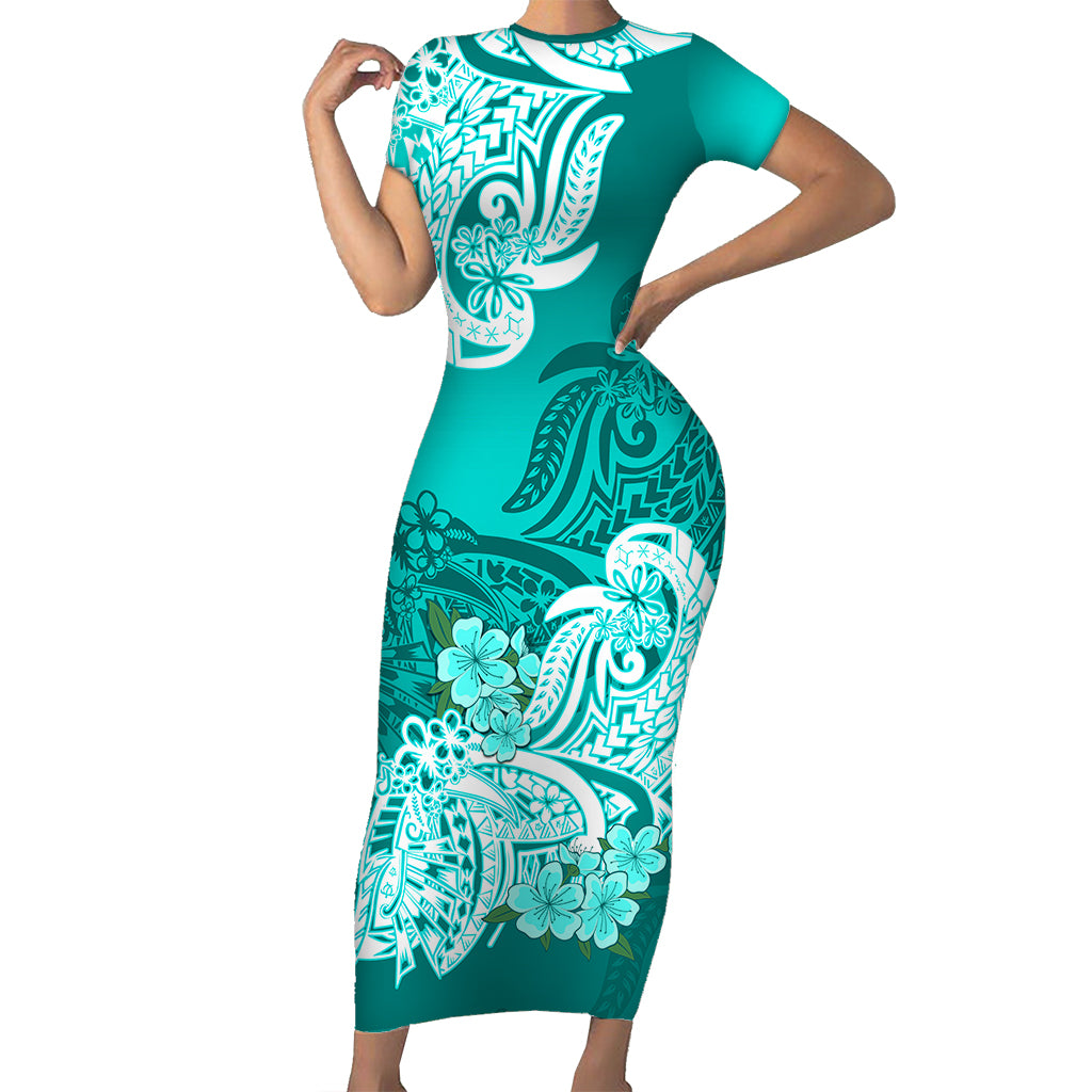 Polynesian Floral Tribal Short Sleeve Body Long Dress Turquoise LT9 - Polynesian Pride