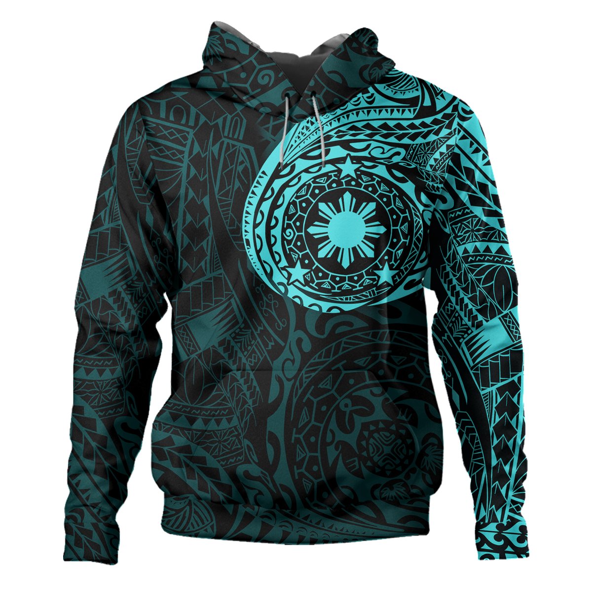 Philippines Polynesian Tattoo Style Hoodie Multicolor Pullover Hoodie Cyan - Polynesian Pride
