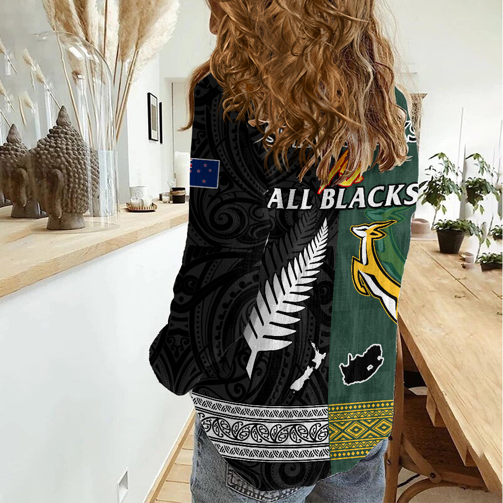 South Africa Protea and New Zealand Fern Women Casual Shirt - Rugby Go Springboks vs All Black LT13 - Polynesian Pride