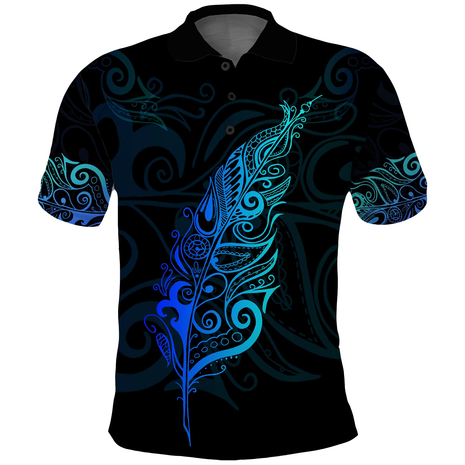 New Zealand Maori Polo Shirt - Light Silver Fern Blue