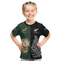 (Custom Text and Number) South Africa Protea and New Zealand Fern T Shirt KID Rugby Go Springboks vs All Black LT13 Youth XL Size14 - Polynesian Pride
