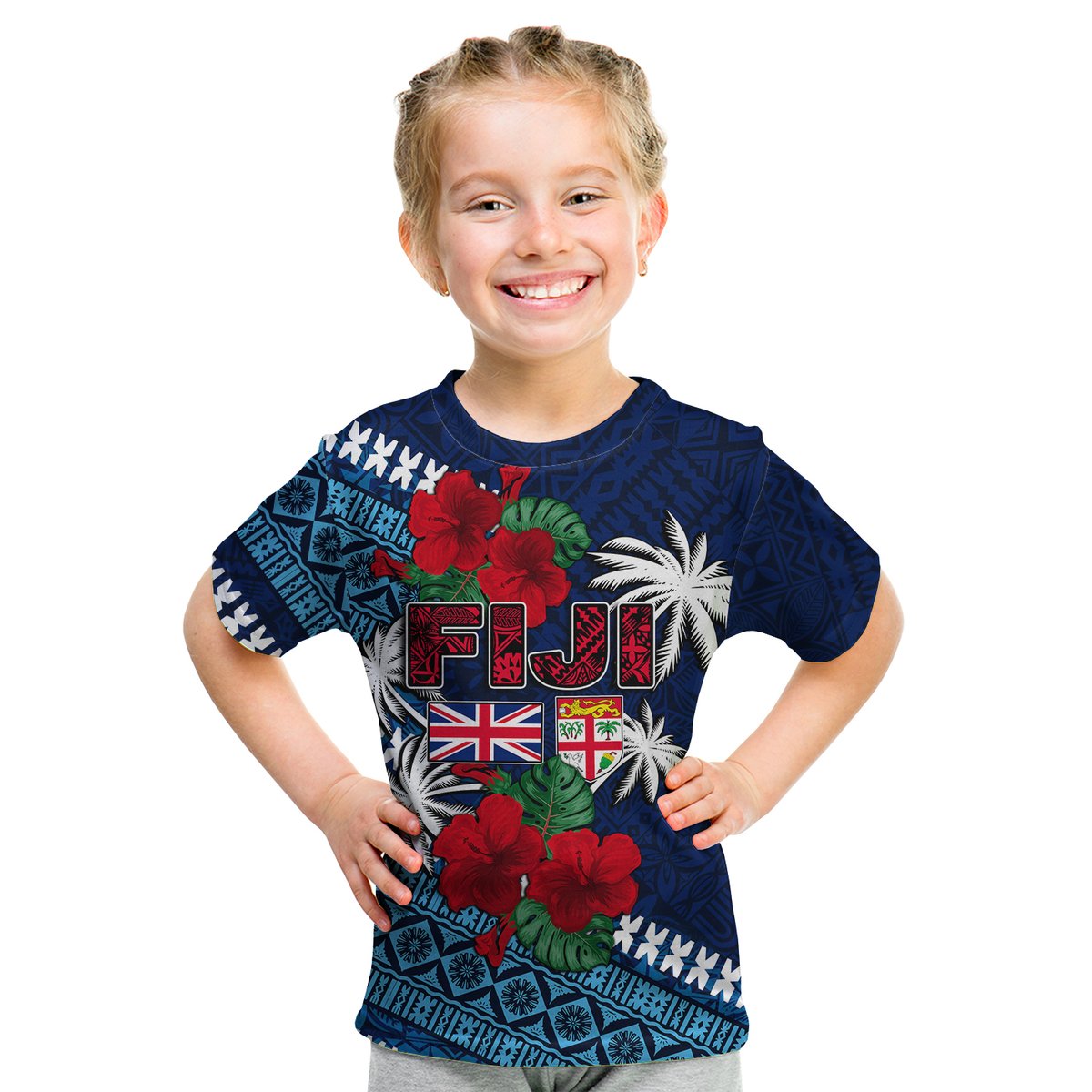 (Custom Personalised) Fiji Patterns With Hibiscus T Shirt KID LT6 Youth XL Size14 - Polynesian Pride