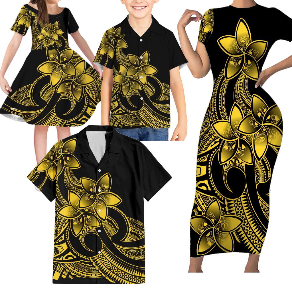 Polynesian Matching Outfit For Family Plumeria Flowers Bodycon Dress Hawaiian Shirt Polynesian Tribal Yellow Vibe LT9 - Polynesian Pride