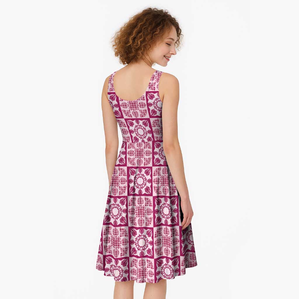 Akala Palaka Quilt Hawaii Midi Dress Hawaiian Tropical Monstera Sea Turtle