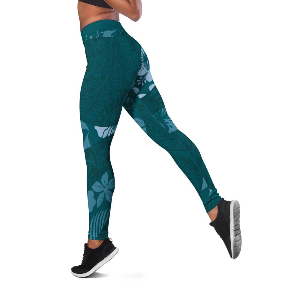 Aloha Hawaii Floral Tapa Leggings Patchwork Teal - Polynesian Pride
