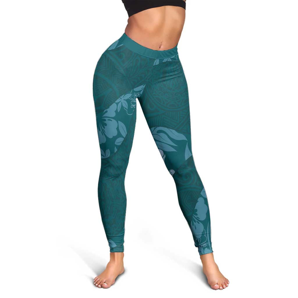 Aloha Hawaii Floral Tapa Leggings Patchwork Teal - Polynesian Pride