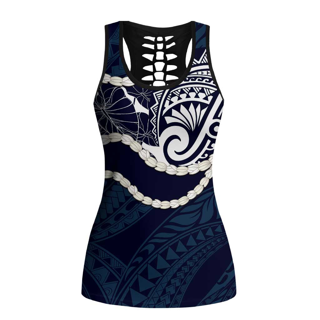 Aloha Hawaii Kalo Pikake Lei Hollow Tank Top Chest Tattoo Oxford Blue Hawaiian Pattern