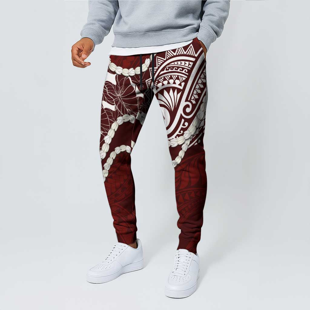 Aloha Hawaii Kalo Pikake Lei Jogger Pants Chest Tattoo Oxblood Hawaiian Pattern