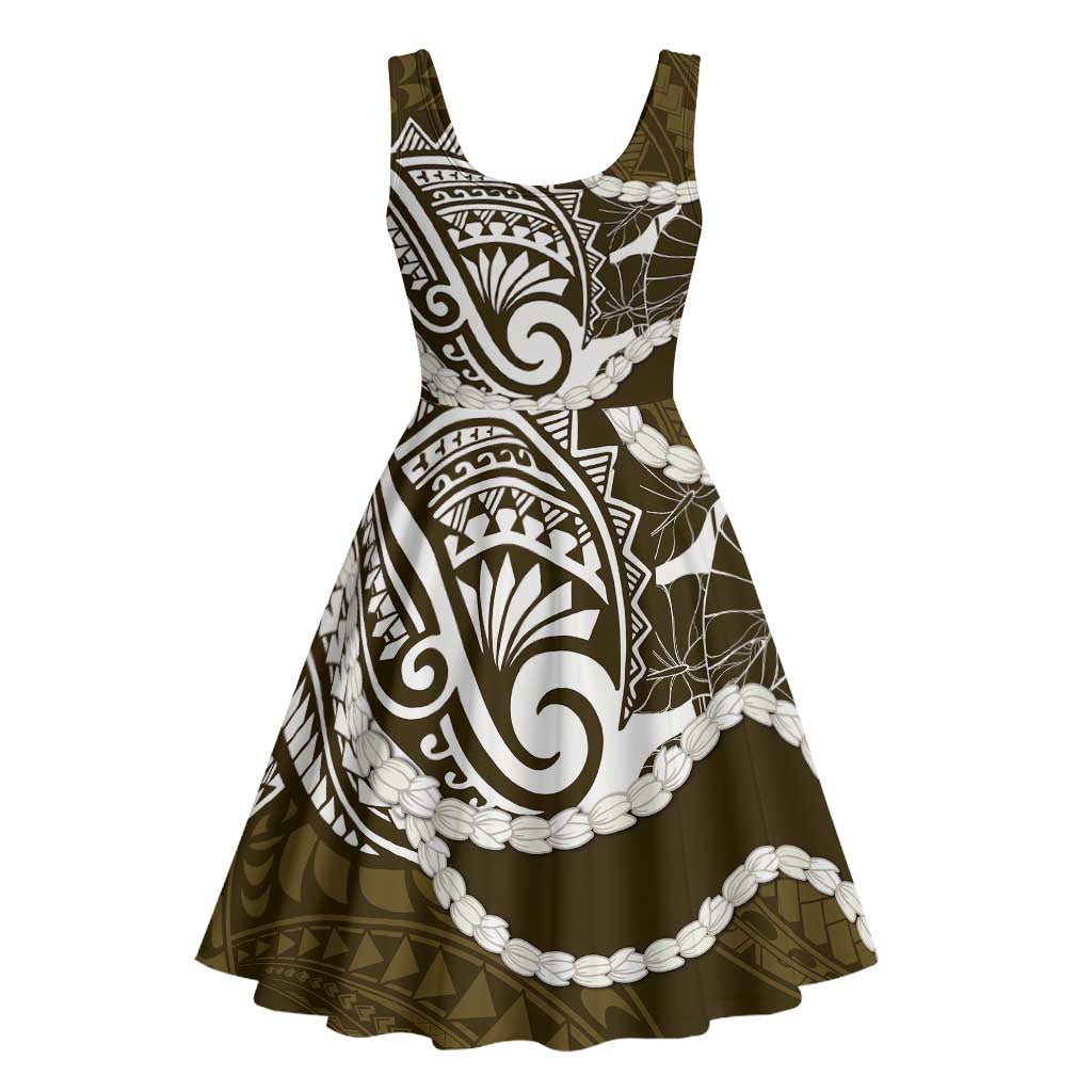 Aloha Hawaii Kalo Pikake Lei Midi Dress Chest Tattoo Gold Hawaiian Pattern
