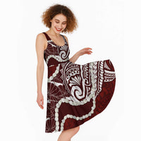 Aloha Hawaii Kalo Pikake Lei Midi Dress Chest Tattoo Oxblood Hawaiian Pattern