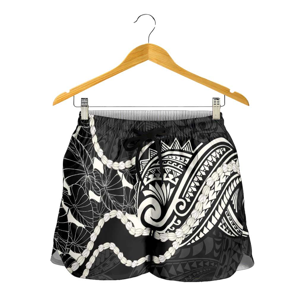 Aloha Hawaii Kalo Pikake Lei Shorts for Women Chest Tattoo Black Hawaiian Pattern