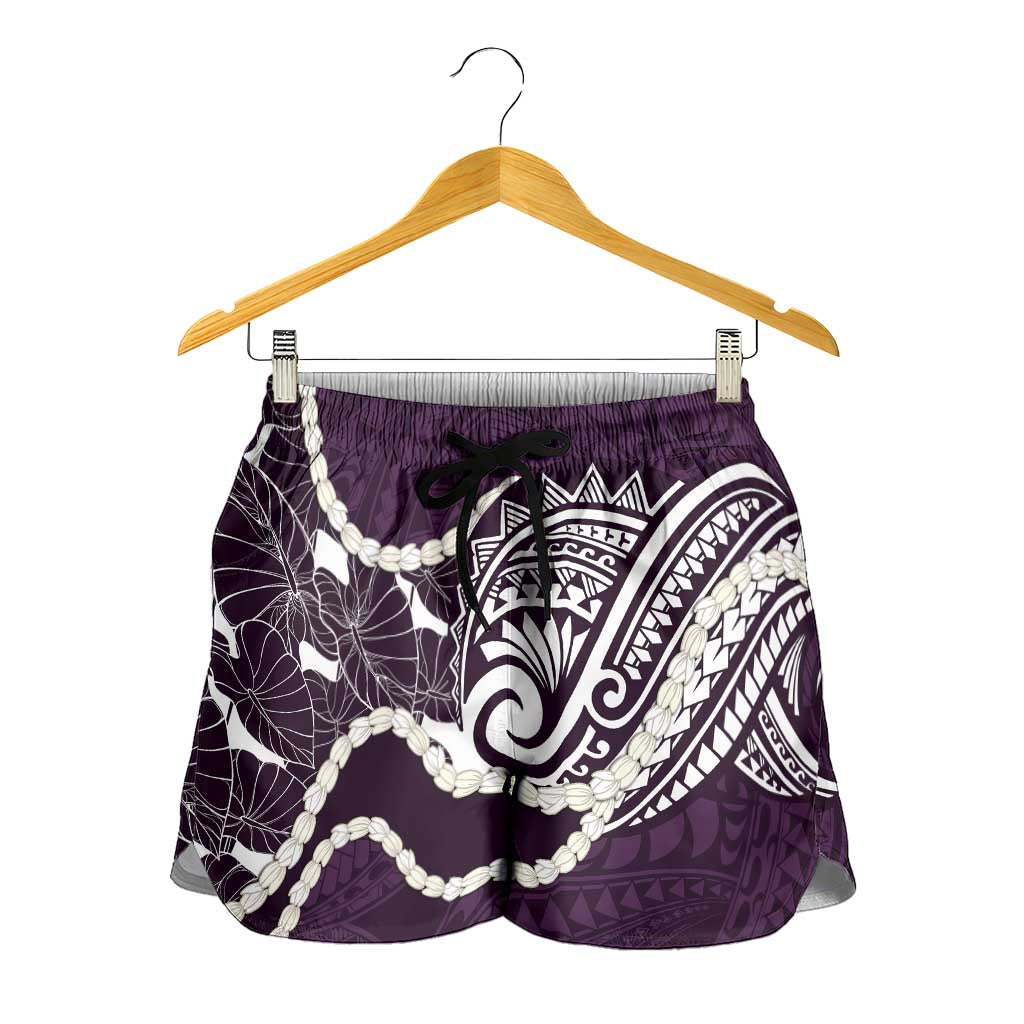 Aloha Hawaii Kalo Pikake Lei Shorts for Women Chest Tattoo Purple Hawaiian Pattern