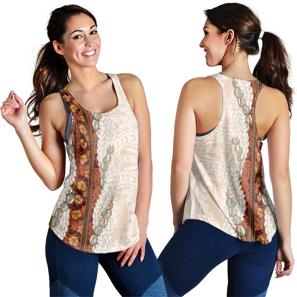 Aloha Hawaii Mikioi Lei Women Racerback Tank Beige Tropical Flower Pattern - Polynesian Pride