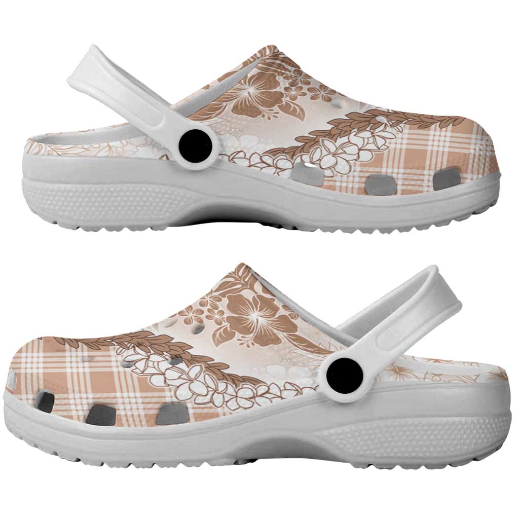 Aloha Hawaii Palaka Clogs Shoes Beige Plumeria Lei