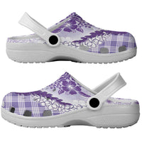 Aloha Hawaii Palaka Clogs Shoes Purple Plumeria Lei
