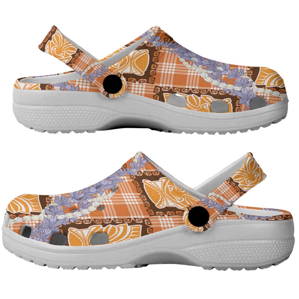 Aloha Hawaii Tiki Palaka Motifs Clogs Shoes Honohono Lei Orange Elegant Vibes