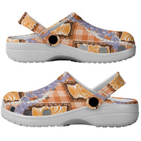 Aloha Hawaii Tiki Palaka Motifs Clogs Shoes Honohono Lei Orange Elegant Vibes