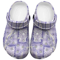 Aloha Hawaii Tiki Palaka Motifs Clogs Shoes Honohono Lei Purple Elegant Vibes