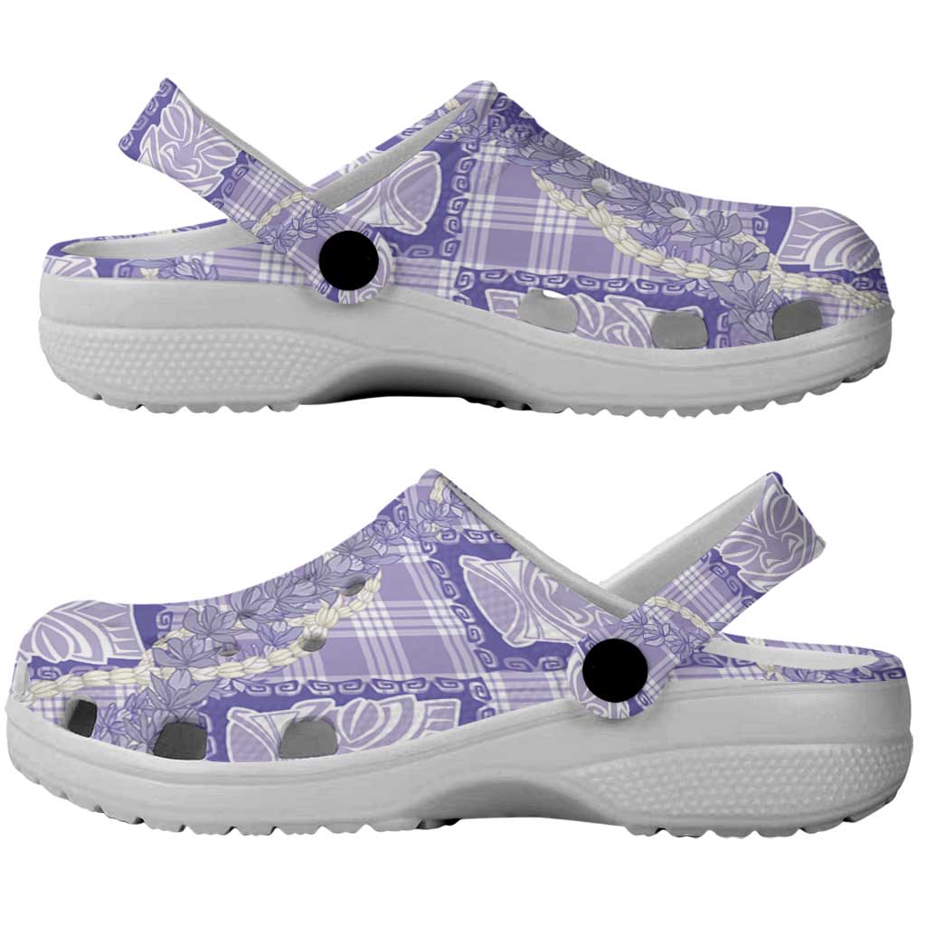 Aloha Hawaii Tiki Palaka Motifs Clogs Shoes Honohono Lei Purple Elegant Vibes