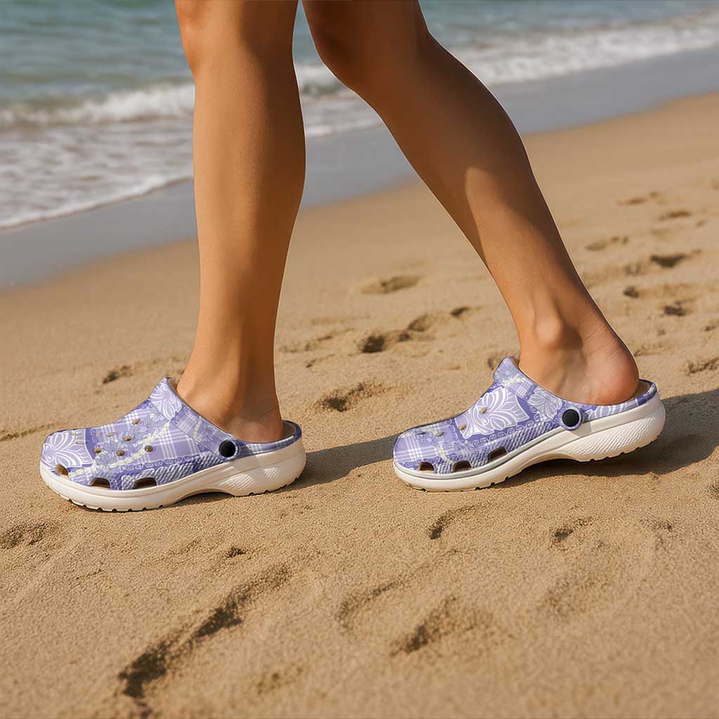 Aloha Hawaii Tiki Palaka Motifs Clogs Shoes Honohono Lei Purple Elegant Vibes