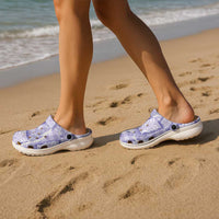 Aloha Hawaii Tiki Palaka Motifs Clogs Shoes Honohono Lei Purple Elegant Vibes
