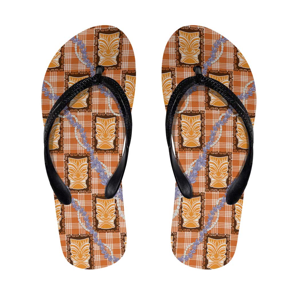 Aloha Hawaii Tiki Palaka Motifs Flip Flops Honohono Lei Orange Elegant Vibes