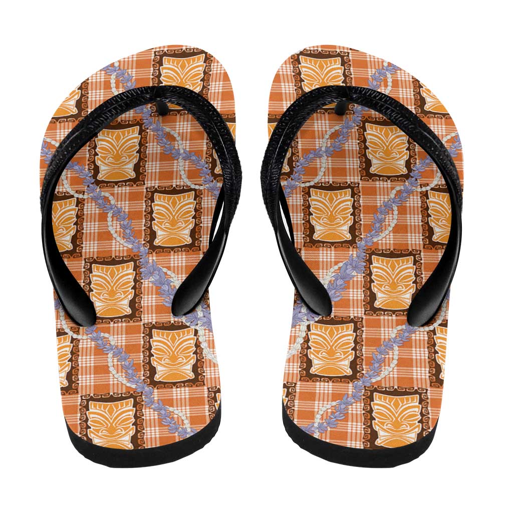 Aloha Hawaii Tiki Palaka Motifs Flip Flops Honohono Lei Orange Elegant Vibes