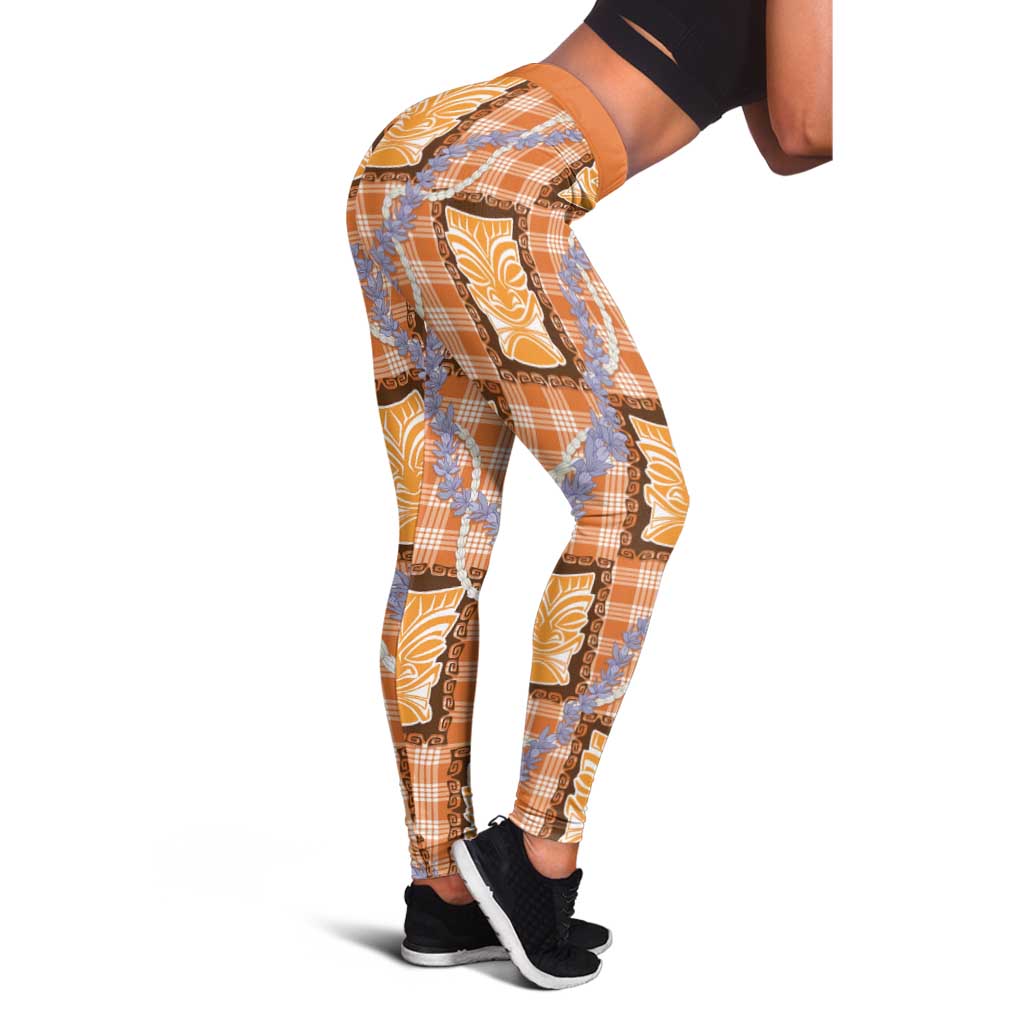 Aloha Hawaii Tiki Palaka Motifs Leggings Honohono Lei Orange Elegant Vibes