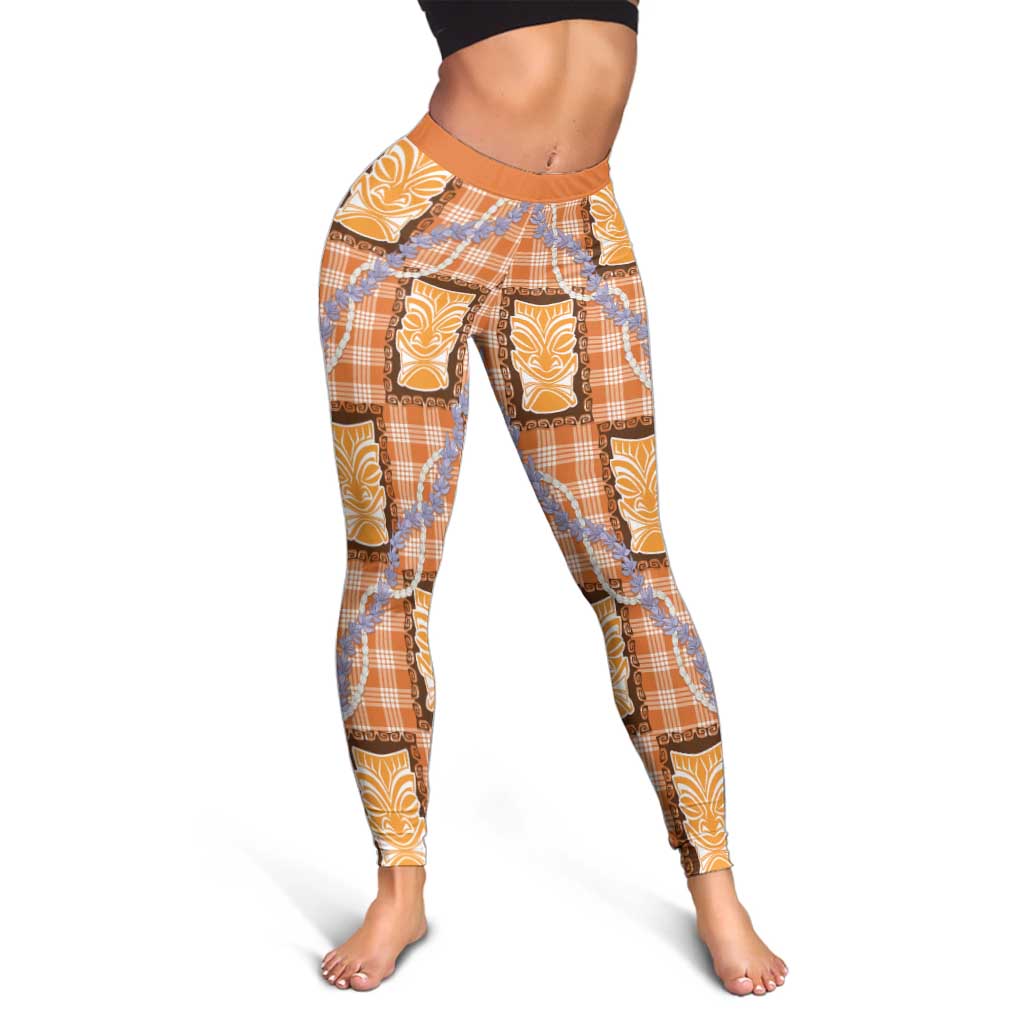 Aloha Hawaii Tiki Palaka Motifs Leggings Honohono Lei Orange Elegant Vibes