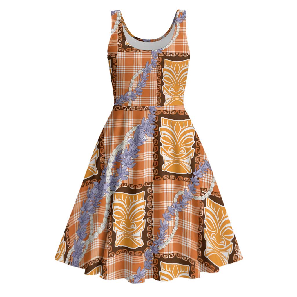 Aloha Hawaii Tiki Palaka Motifs Midi Dress Honohono Lei Orange Elegant Vibes