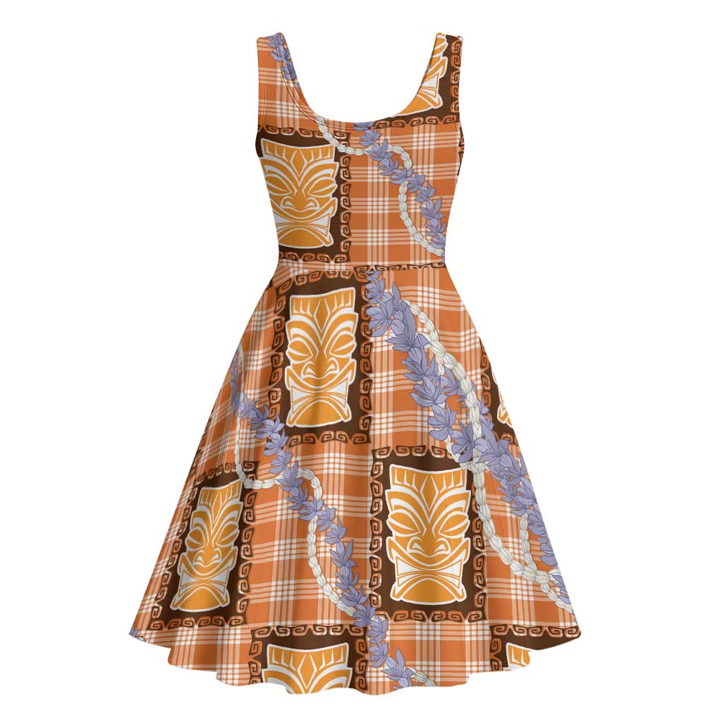 Aloha Hawaii Tiki Palaka Motifs Midi Dress Honohono Lei Orange Elegant Vibes