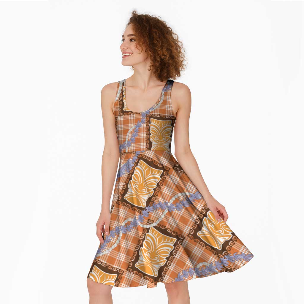 Aloha Hawaii Tiki Palaka Motifs Midi Dress Honohono Lei Orange Elegant Vibes