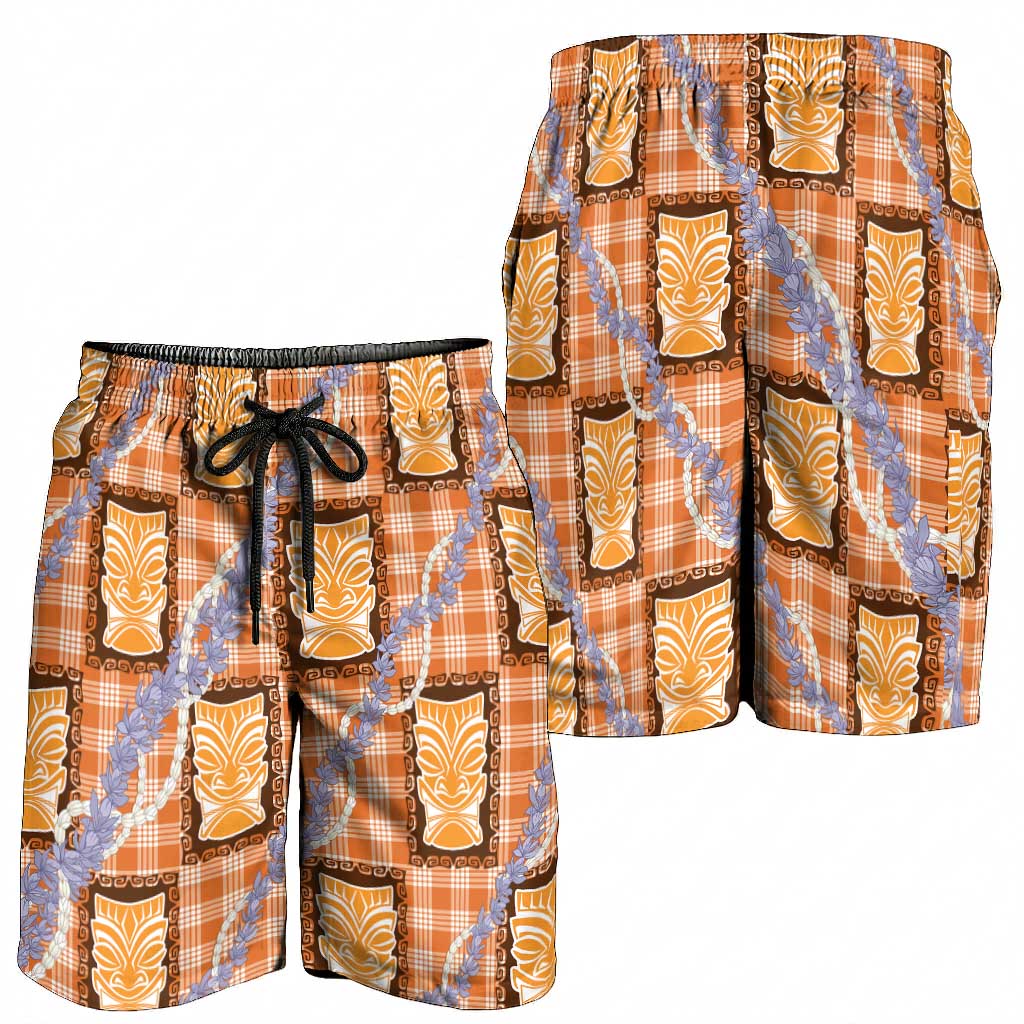 Aloha Hawaii Tiki Palaka Motifs Shorts for Men Honohono Lei Orange Elegant Vibes