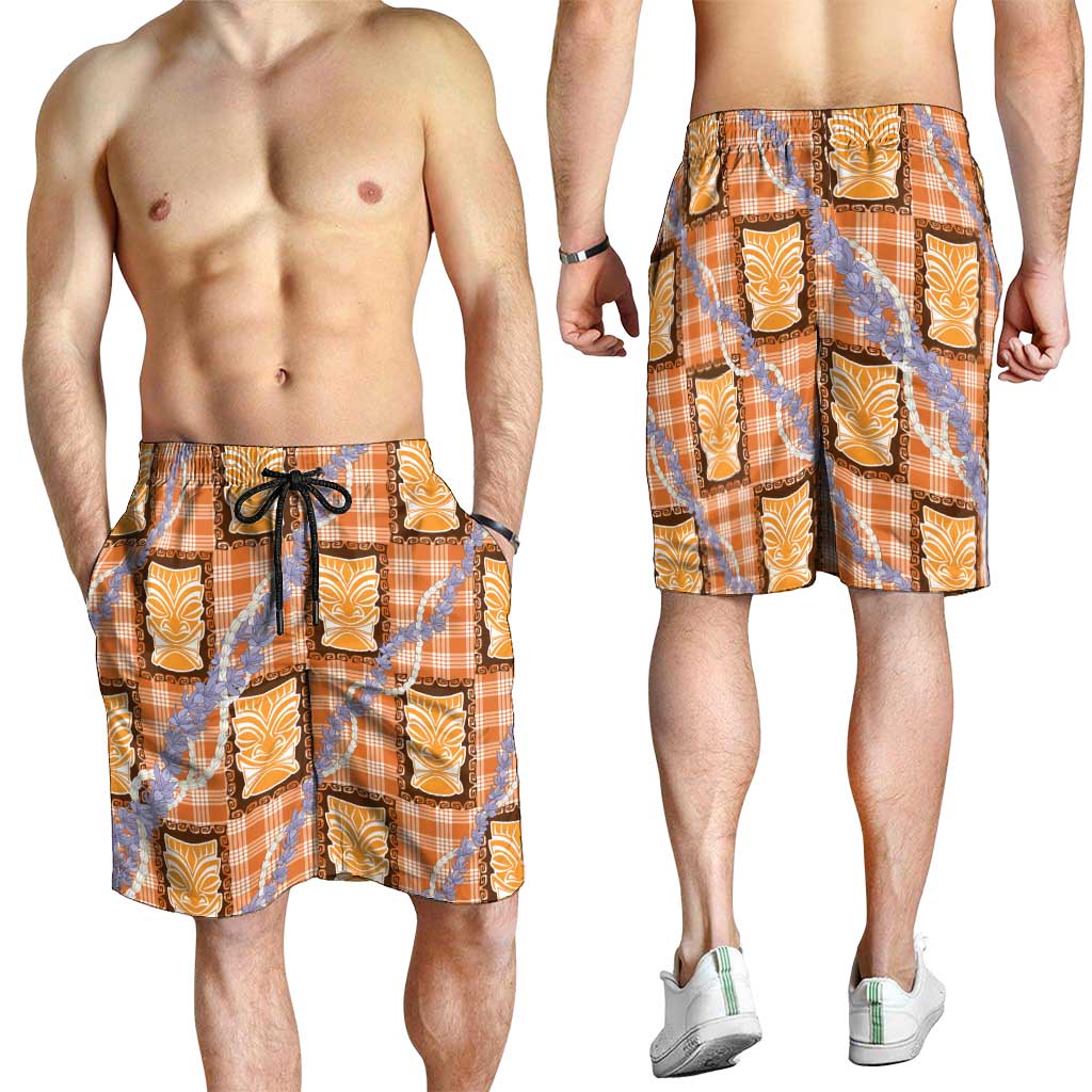 Aloha Hawaii Tiki Palaka Motifs Shorts for Men Honohono Lei Orange Elegant Vibes