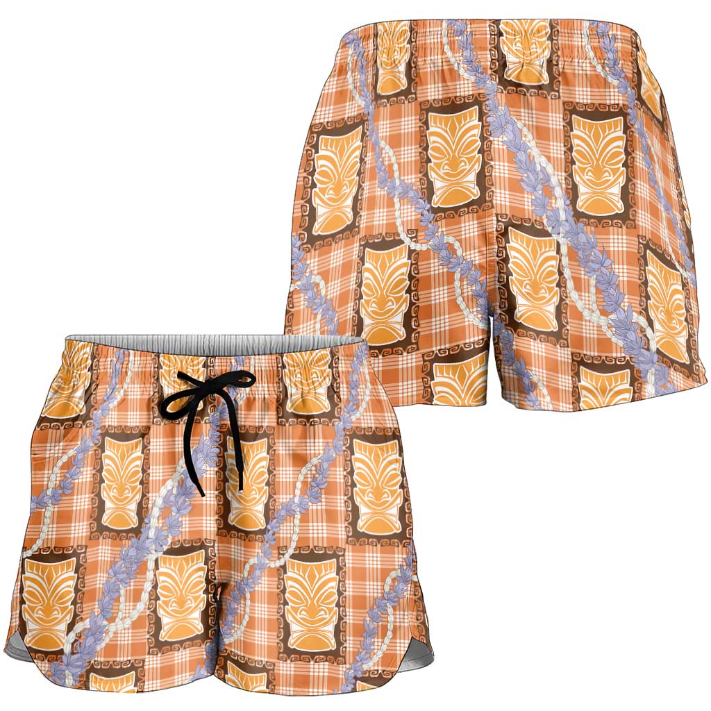 Aloha Hawaii Tiki Palaka Motifs Shorts for Women Honohono Lei Orange Elegant Vibes
