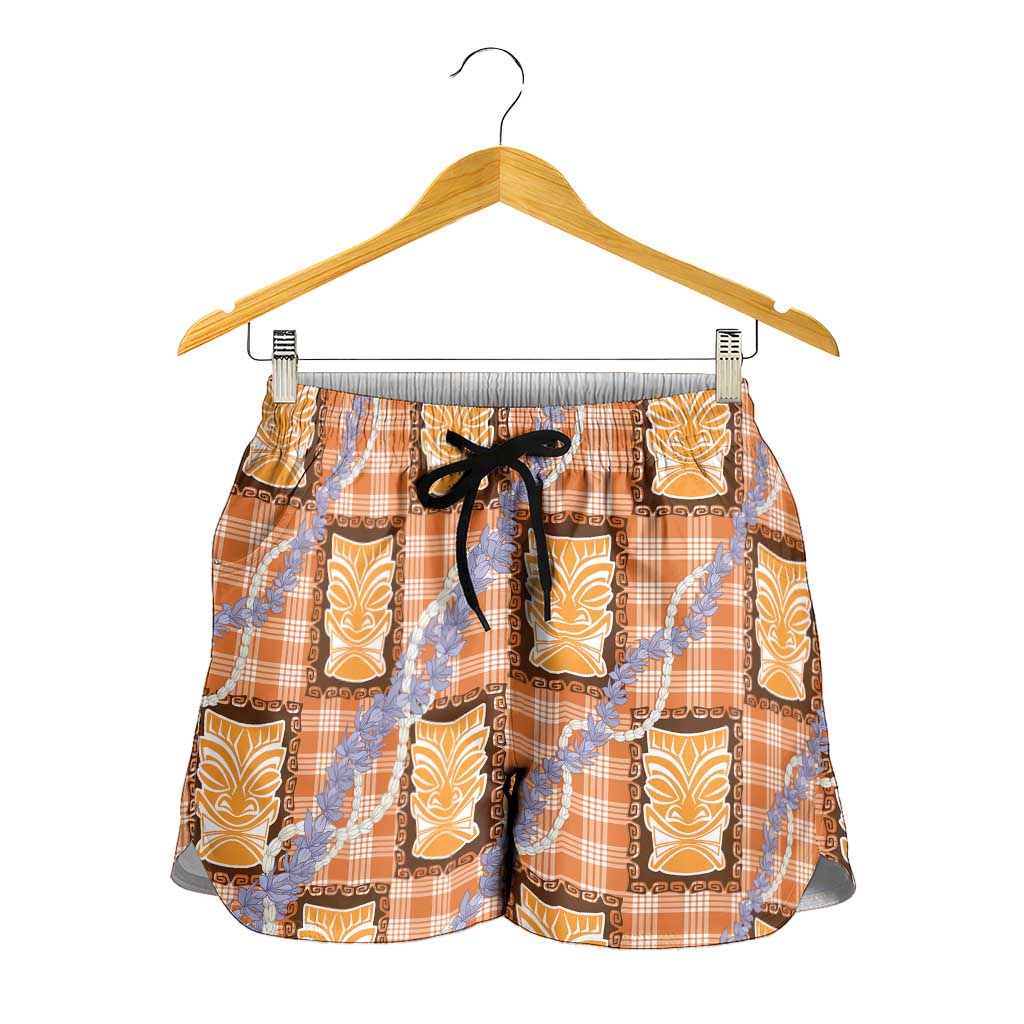 Aloha Hawaii Tiki Palaka Motifs Shorts for Women Honohono Lei Orange Elegant Vibes
