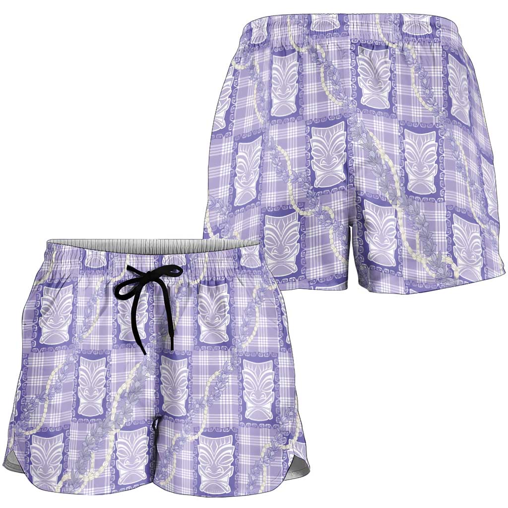 Aloha Hawaii Tiki Palaka Motifs Shorts for Women Honohono Lei Purple Elegant Vibes