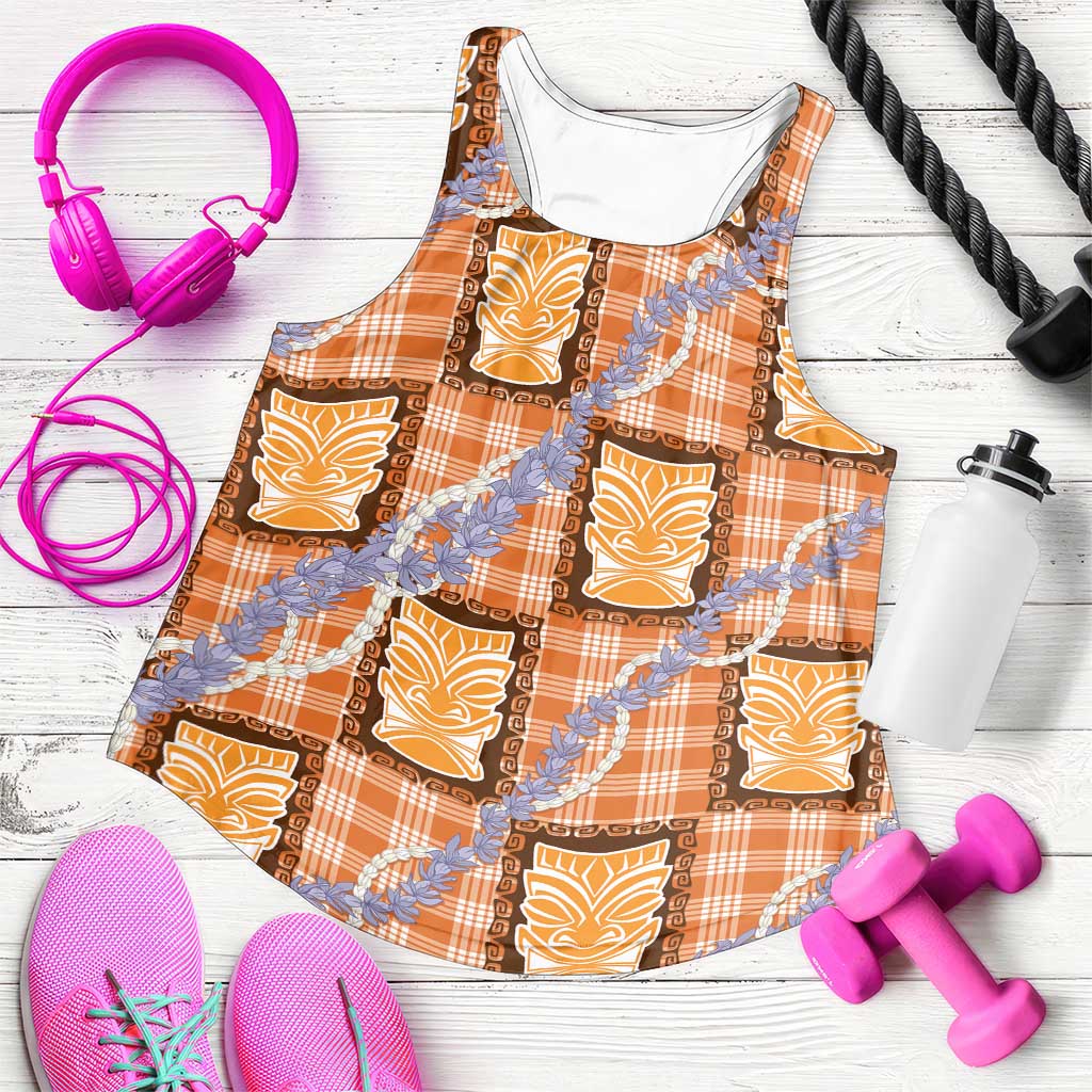 Aloha Hawaii Tiki Palaka Motifs Women Racerback Tank Honohono Lei Orange Elegant Vibes