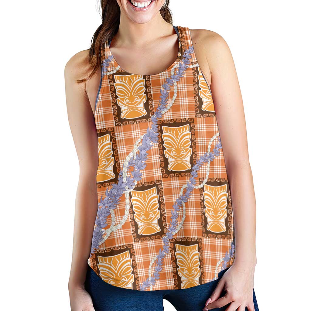 Aloha Hawaii Tiki Palaka Motifs Women Racerback Tank Honohono Lei Orange Elegant Vibes